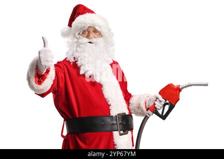 Babbo Natale con l'ugello di iniezione del carburante e i pollici con gesti verso l'alto isolati su sfondo bianco Foto Stock