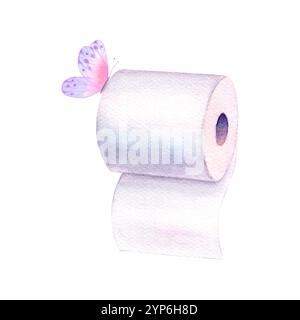 Rotolo di carta igienica acquerello e farfalla isolato su sfondo bianco. Illustrazione disegnata a mano con acquerello. Simbolo, segno di pulizia e igiene. Foto Stock