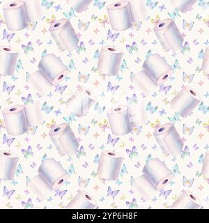 Carta igienica astratta ad acquerello e sfondo a farfalla. Schema di rotoli e farfalle trafilate a mano. Texture colorata ad acquerello. Stampa per tessuti, Foto Stock
