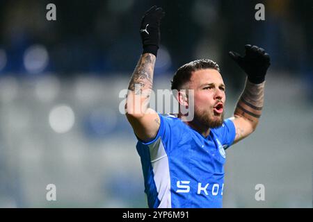 Mlada Boleslav, Repubblica Ceca. 28 novembre 2024. Vasil Kusej (Mlada Boleslav) reagisce durante la partita del quarto turno della UEFA Conference League: FK Mlada Boleslav vs Real Betis Balompie Sevilla, a Mlada Boleslav, Repubblica Ceca, il 28 novembre 2024. Crediti: Radek Petrasek/CTK Photo/Alamy Live News Foto Stock