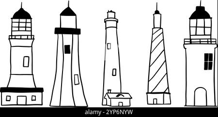 Set disegnato a mano per faro | Doodle Vector minimalista per disegni nautici e costieri Illustrazione Vettoriale