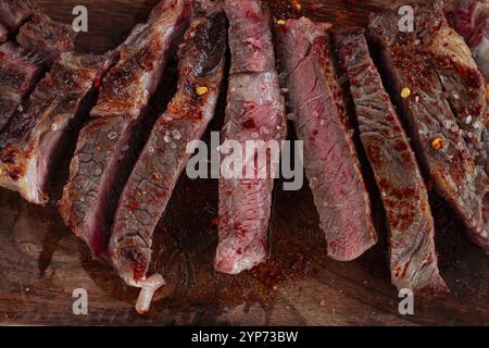 Bistecca di costolette di media rarità, bistecca di cowboy grigliata, su un tagliere, primo piano, fatta in casa, vista dall'alto, nessuno Foto Stock