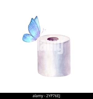Rotolo di carta igienica acquerello e farfalla isolato su sfondo bianco. Illustrazione disegnata a mano con acquerello. Simbolo, segno di pulizia e igiene. Foto Stock
