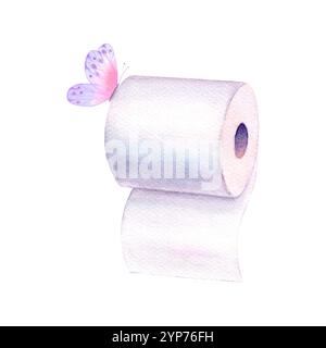 Rotolo di carta igienica acquerello e farfalla isolato su sfondo bianco. Illustrazione disegnata a mano con acquerello. Simbolo, segno di pulizia e igiene. Foto Stock