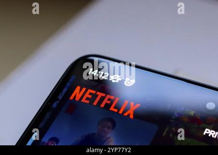 In questa immagine, il logo dell'app di streaming Netflix viene visualizzato sullo schermo dello smartphone Foto Stock