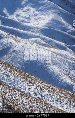Primo piano dettagliato delle colline innevate e delle loro superfici, passo Lindis, nuova Zelanda, Oceania Foto Stock