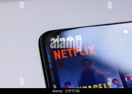 In questa immagine, il logo dell'app di streaming Netflix viene visualizzato sullo schermo dello smartphone Foto Stock