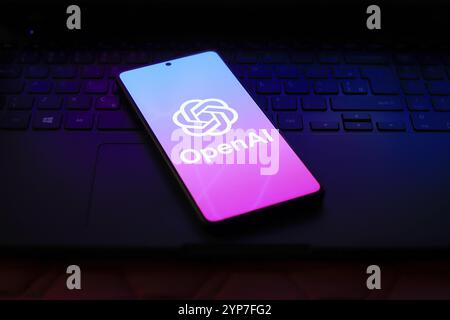 In questa immagine, il logo OpenAI viene visualizzato sullo schermo di uno smartphone Foto Stock
