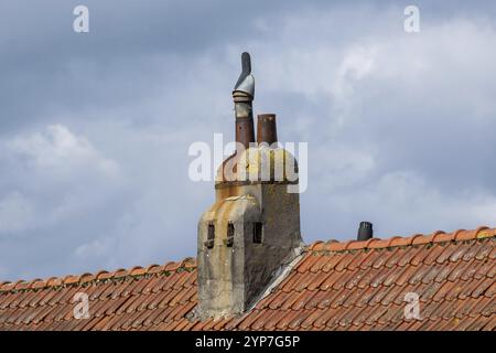 Camino su un tetto con piastrelle di argilla Foto Stock