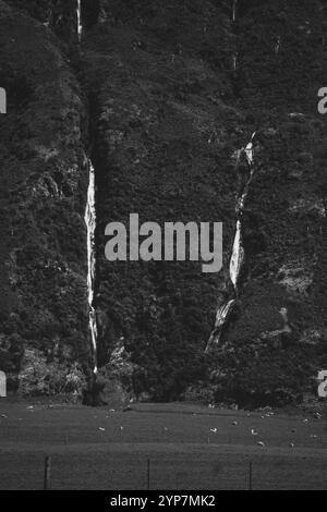 Fotografia in bianco e nero di diverse cascate che si estendono su una montagna rocciosa, Cattle Flat, Wanaka, nuova Zelanda, Oceania Foto Stock