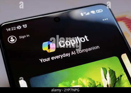 In questa immagine, la pagina iniziale dell'applicazione Microsoft Copilot viene visualizzata sullo schermo dello smartphone Foto Stock