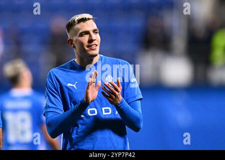 Mlada Boleslav, Repubblica Ceca. 28 novembre 2024. Patrik Vydra (Mlada Boleslav) reagisce durante la partita del quarto turno della UEFA Conference League: FK Mlada Boleslav vs Real Betis Balompie Sevilla, a Mlada Boleslav, Repubblica Ceca, il 28 novembre 2024. Crediti: Radek Petrasek/CTK Photo/Alamy Live News Foto Stock