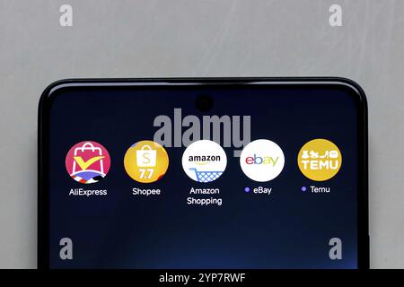 In questa immagine, il logo dell'app AliExpress, Shopee, Amazon Shopping, Ebay e Temu viene visualizzato sullo schermo di uno smartphone Foto Stock