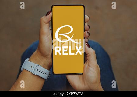 In questa immagine, il logo RELX Group viene visualizzato sullo schermo di uno smartphone Foto Stock