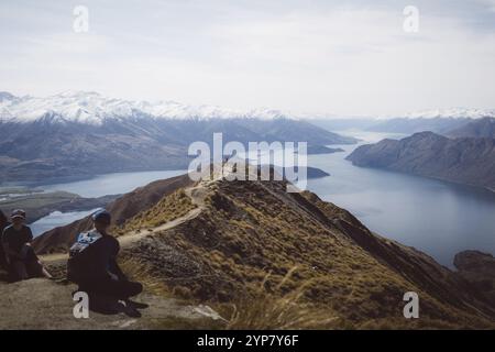 Escursionisti seduti su una collina che si affaccia su un lago e sulle montagne circostanti, Roys Peak, Wanaka, nuova Zelanda, Oceania Foto Stock