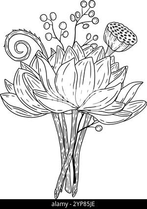 Un bouquet di fiori di loto splendidamente disegnato a mano, assolutamente perfetto per vari progetti di arredamento o design. Carta in bianco e nero vettoriale disegnata a mano Illustrazione Vettoriale