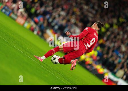 Darwin Nunez del Liverpool in azione durante la UEFA Champions League 2024/25, fase MD5 partita tra Liverpool FC e Real Madrid C.F. ad Anfield, Liverpool, mercoledì 27 novembre 2024. (Foto: Steven Halliwell | mi News) crediti: MI News & Sport /Alamy Live News Foto Stock