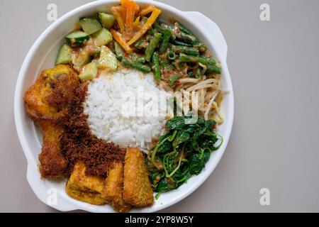 Cibo indonesiano fatto in casa, riso con pecel, tempeh, tofu e ayam goreng lengkuas o pollo fritto galangal su un piatto. Vista dall'alto, copia spazio. Foto Stock