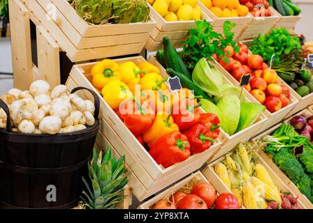 Assortimento luminoso di peperoni, pomodori e verdure preparati in casse di legno al mercato agricolo locale all'aperto Foto Stock