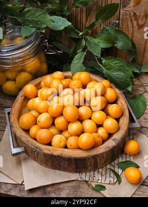 Antipasto piccante di prugna ciliegia su sfondo di legno Foto Stock