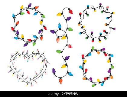 Grande set di luci di Natale. Luce colorata a corde. Lampadina che illumina la linea garland. Forma diversa. Decorazioni natalizie cartoni animati. Illustrazione Vettoriale
