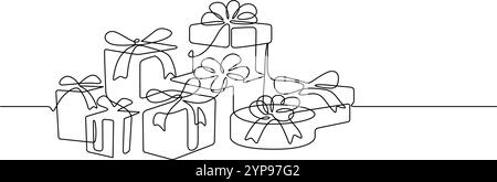 le scatole regalo presentano il set decorativo linea continua disegno minimalismo illustrazione. Festa di Natale e festeggiamento di Capodanno Illustrazione Vettoriale