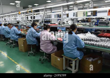 FUYANG, CINA - 29 NOVEMBRE 2024 - i dipendenti lavorano su una linea di produzione di alimentatori wireless presso il workshop di Zhonghui Chuangzhi (Fuyan Foto Stock