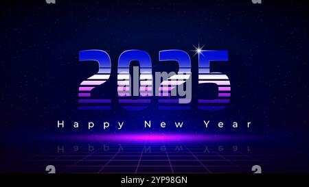 Felice anno nuovo 2025, 25. Design tecnologico retrò futuristico in stile anni '80. Biglietto di auguri di Capodanno. Numeri blu magenta viola 2025, sfondo cielo stellato Illustrazione Vettoriale
