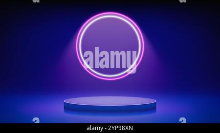 Futuristico palco blu, podio. Camera blu con piedistallo rotondo illuminato da neon magenta bianco circolare, alone LED. Sfondo per la visualizzazione Illustrazione Vettoriale
