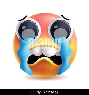Personaggio 3d della clipart emoji piangente. Emoji viso sob, depresso, dolore, doloroso, infelice e sconvolto espressione facciale su sfondo bianco con icona gialla Illustrazione Vettoriale