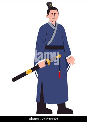 Uniforme da guerriero maschile coreano abito tradizionale Corea del Sud tradizione cultura cultura hanbok blu abiti da guardia reale spada armi design attrezzature Illustrazione Vettoriale