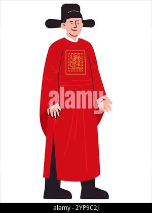 Uomo Coreano Re abbigliamento tradizionale regno della tradizione coreana abiti culturali abiti orientali cappello copricapo di colore rosso Illustrazione Vettoriale