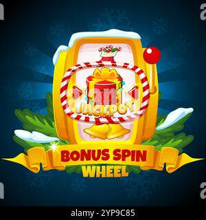 Ruota rotante bonus natalizia con icone. Slot machine Golden per i tuoi giochi, tema natalizio Illustrazione Vettoriale