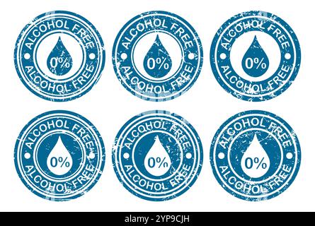 Set di simboli per etichette grunge senza alcol. Nessun simbolo con l'icona dell'alcool. Non bollino alcolico. Immagine di illustrazione vettoriale. Isolato su sfondo bianco Illustrazione Vettoriale