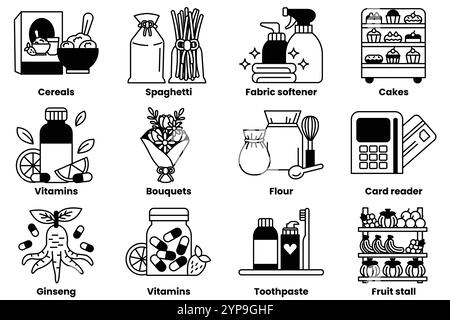 Serie di illustrazioni nel concetto di prodotti nei supermercati in uno stile di linea Illustrazione Vettoriale