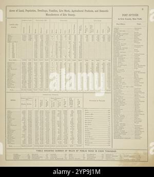 Acri di terra, popolazione, abitazioni, famiglie, bestiame vivo, prodotti agricoli e fabbriche domestiche della contea di Erie; uffici postali nella contea di Erie, New York; tabella indicante il numero di chilometri di strada pubblica in ogni municipalità." 1866 Foto Stock