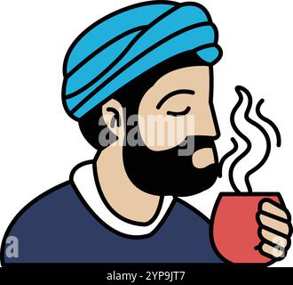 Un uomo con barba e turbante sta tenendo una tazza di caffè. Concetto di relax e comfort, mentre l'uomo sta gustando il suo caffè seduto. Il Illustrazione Vettoriale