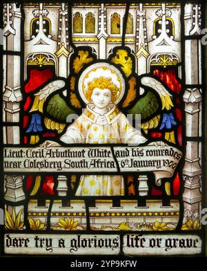 Dettaglio della vetrata Clayton and Bell, chiesa di Boulge, Suffolk, Inghilterra, Regno Unito - Suffolk Regiment Memorial Battle of Colesberg, Sudafrica 190 Foto Stock