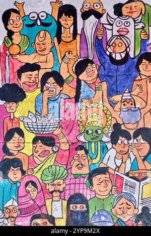 Un murale al Chhatrapati Shivaji Maharaj Terminus, Mumbai, India, raffigurante volti della popolazione indiana e della diversità etnica e culturale dell'India Foto Stock