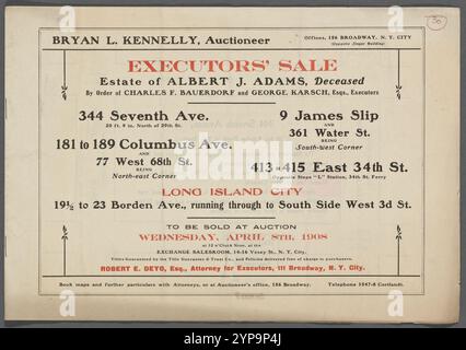 Executor's sale Estate di Albert J. Adams, deceduto per ordine di Charles F Bauerdorf e George Karsch, Esqs., Executors 1908-04-08 Foto Stock