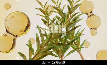 Rendering 3d di Melaleuca alternifolia o tea Tree e goccioline di olio essenziale Foto Stock