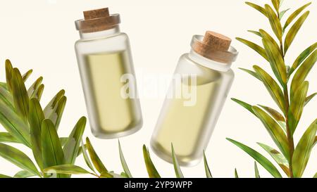 La rappresentazione 3d di Melaleuca alternifolia o foglie di tea Tree e bottiglie di vetro trasparente sono spesso utilizzate per conservare oli essenziali come l'olio di tea Tree. Foto Stock