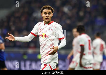 Mailand, Italia. 26 novembre 2024. Calcio: Champions League, Inter Milan - RB Lipsia, turno preliminare, partita 5, Stadio Giuseppe Meazza. Il giocatore di Lipsia Antonio Nusa gesticola. Crediti: Jan Woitas/dpa/Alamy Live News Foto Stock