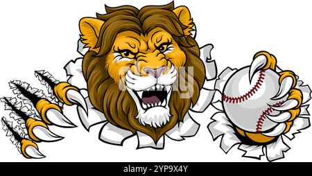 Lion Baseball Ball Animal Sports Team Mascot Illustrazione Vettoriale