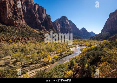 I visitatori esplorano le meravigliose montagne dello Zion Canyon, il vivace fogliame e un tranquillo fiume che si snoda attraverso la valle, creando un paesaggio sereno. Foto Stock