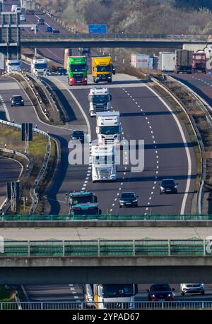 Schkeuditz, Germania. 26 novembre 2024. I veicoli passano attraverso lo svincolo di Schkeuditzer Kreuz sulla A14 all'aeroporto di Lipsia/Halle. Il raccordo autostradale con le autostrade A9 e A14 nella conurbazione di Lipsia Halle è un importante centro di traffico e logistica. Crediti: Hendrik Schmidt/dpa/Alamy Live News Foto Stock