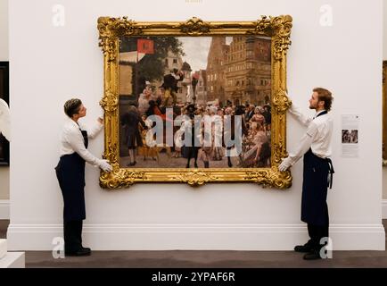 Sotheby's, Londra, Regno Unito. 29 novembre 2024. Anteprima stampa: Asta dei vecchi maestri di Sotheby. Nella foto: Gustav Klimt e Ernst Klimt Hanswurst offrono una performance improvvisata a Rothenburg. Crediti: Matthew Chattle/Alamy Live News Foto Stock