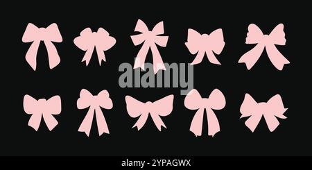 Grande set di fiocchi e nastri rosa isolati su sfondo nero in stile vettoriale piatto Illustrazione Vettoriale