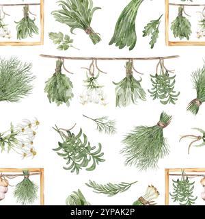 erbe acquerello motivo senza cuciture, margherita, aneto, cipolla verde, carta da ripetizione ruccolla Foto Stock