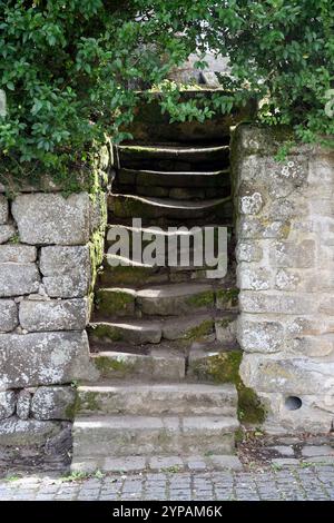 Vecchia scala in pietra usurata, Francia, Bretagna, Finistere, Locronan Foto Stock